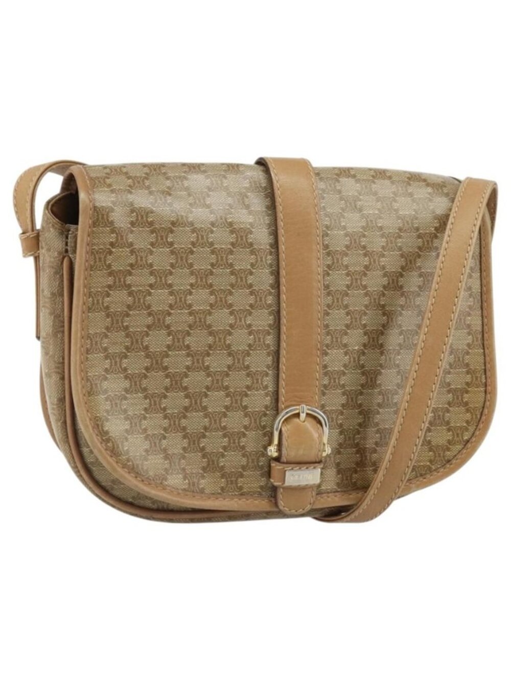 Authentic CELINE Macadam Canvas Shoulder Bag PVC Beige Gold
